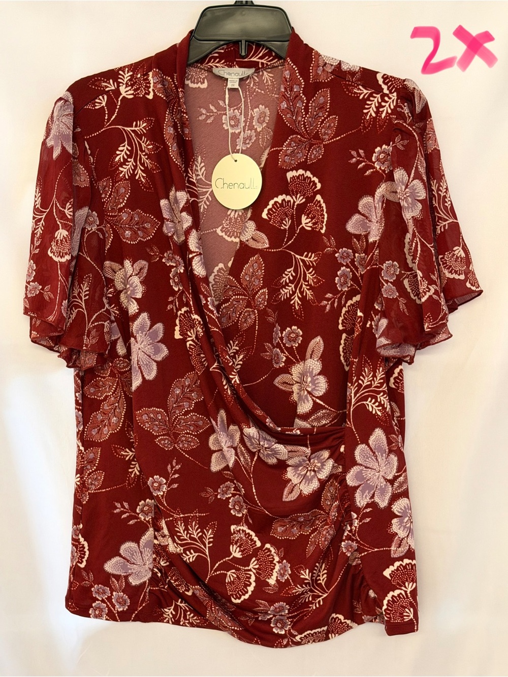 Chenault Burgundy Floral Draped Cowl-Neck Blouse